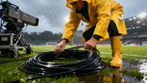 Outdoor broadcast setup in harsh weather conditions
