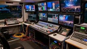 OB truck interior with professional broadcast cabling systems
