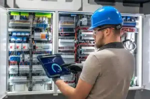 Electrician-with-tablet-switchboard-testing-digital-diagnostics