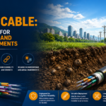 Direct buried fiber optic cable installed underground, designed for reliable underground and aerial outdoor network deployments.