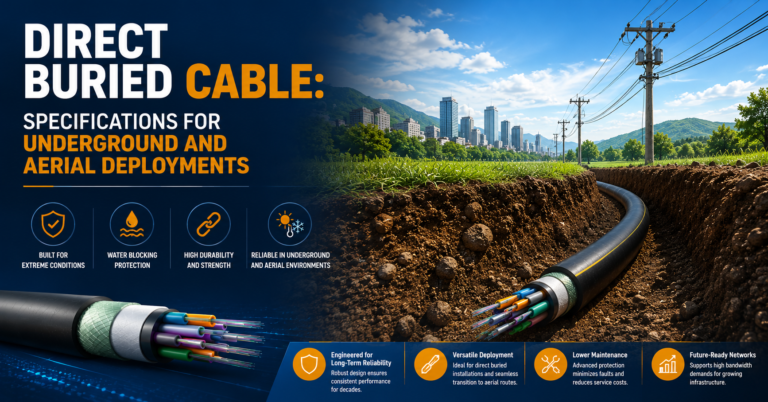 Direct buried fiber optic cable installed underground, designed for reliable underground and aerial outdoor network deployments.