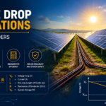 Infographic illustrating voltage drop calculations for long DC feeders in solar farms, featuring the voltage drop formula, electrical distribution panel, solar arrays, underground DC cables, and a voltage loss graph.