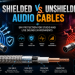 Infographic comparing shielded and unshielded audio cables, showing EMI protection, cable construction, and performance in studio and live sound environments.