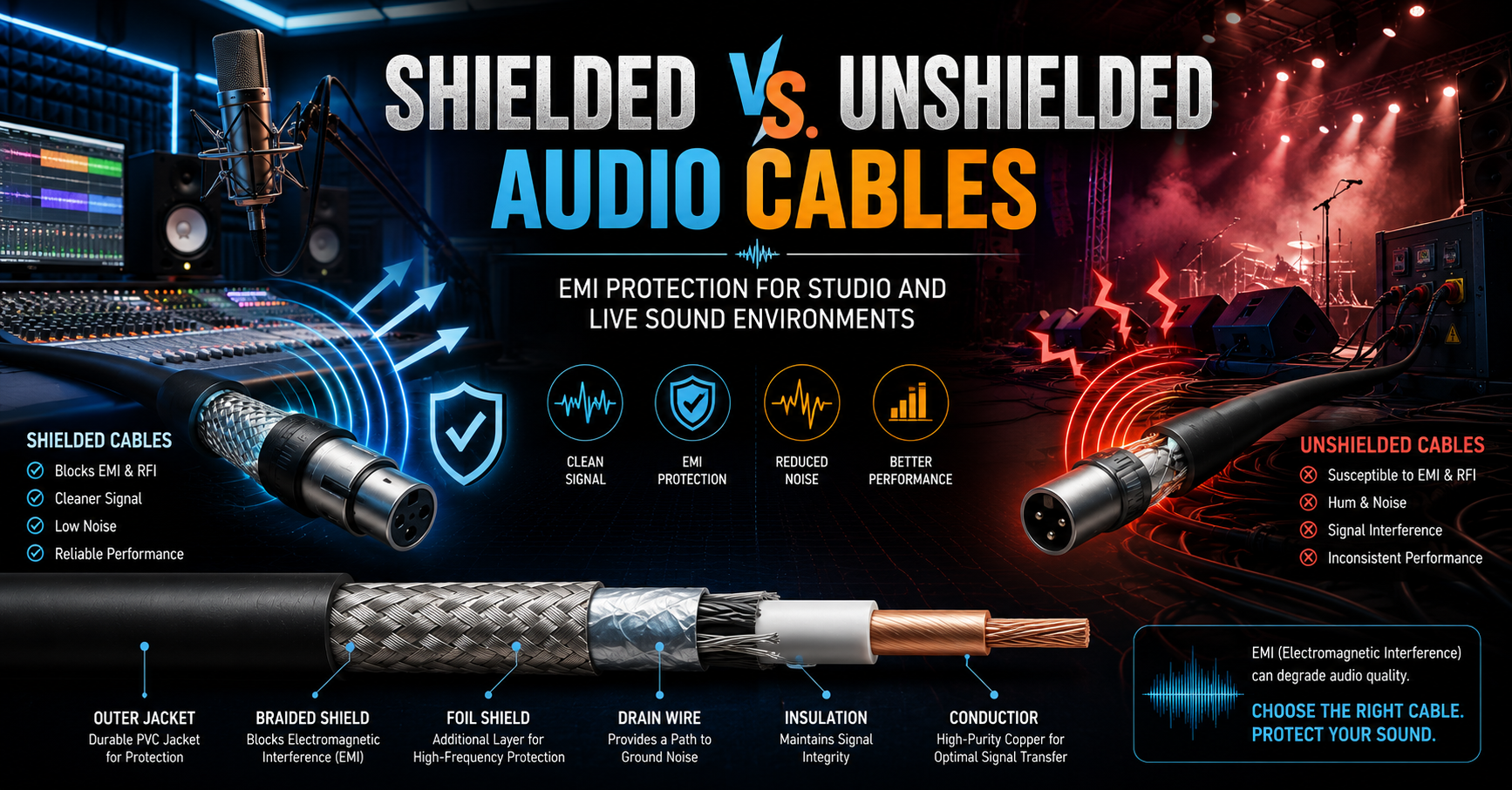 Infographic comparing shielded and unshielded audio cables, showing EMI protection, cable construction, and performance in studio and live sound environments.