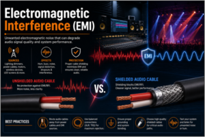 Infographic comparing shielded and unshielded audio cables, explaining electromagnetic interference (EMI), its effects, and protection methods.