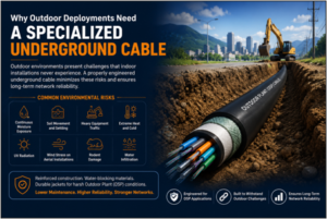 Specialized underground cable installed in a trench for outdoor deployments, showing durable cable construction designed to withstand harsh environmental conditions and ensure long-term network reliability.