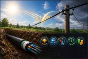 Underground fiber optic cable installed for outdoor deployment, highlighting protection against UV exposure, moisture, extreme temperatures, and environmental conditions for reliable network performance.
